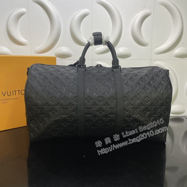 Lv路易威登2023專櫃新款Keepall BANDOULIèRE50旅行袋 LV黑色壓花牛皮男士旅行包 M59025 ydh5198